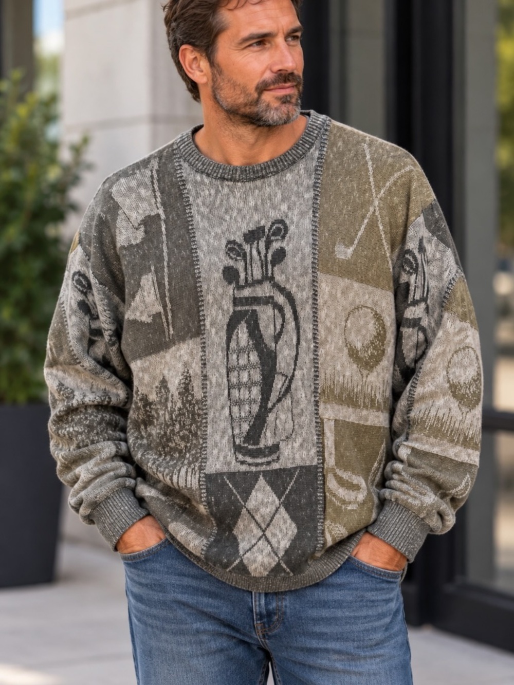 Vintage Shenandoah Crew Neck Sweater Mens Size XL Golf Theme All Over Print